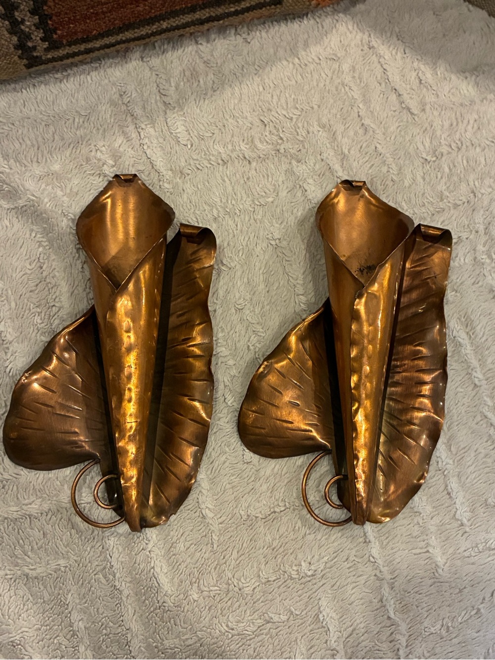 Vintage Craftsman Copper Leaf Wall Sconces Wall Pocket Vases - Pair